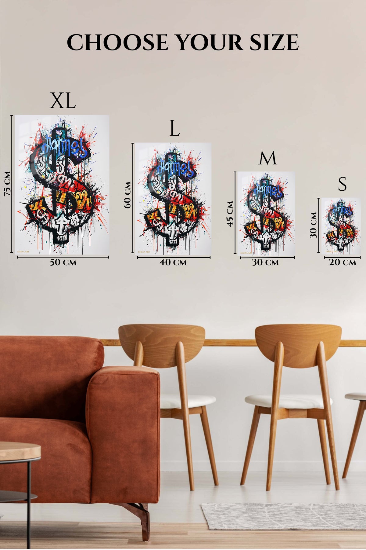 EMESA metal wall art size comparison guide for Graffiti Skull Typography