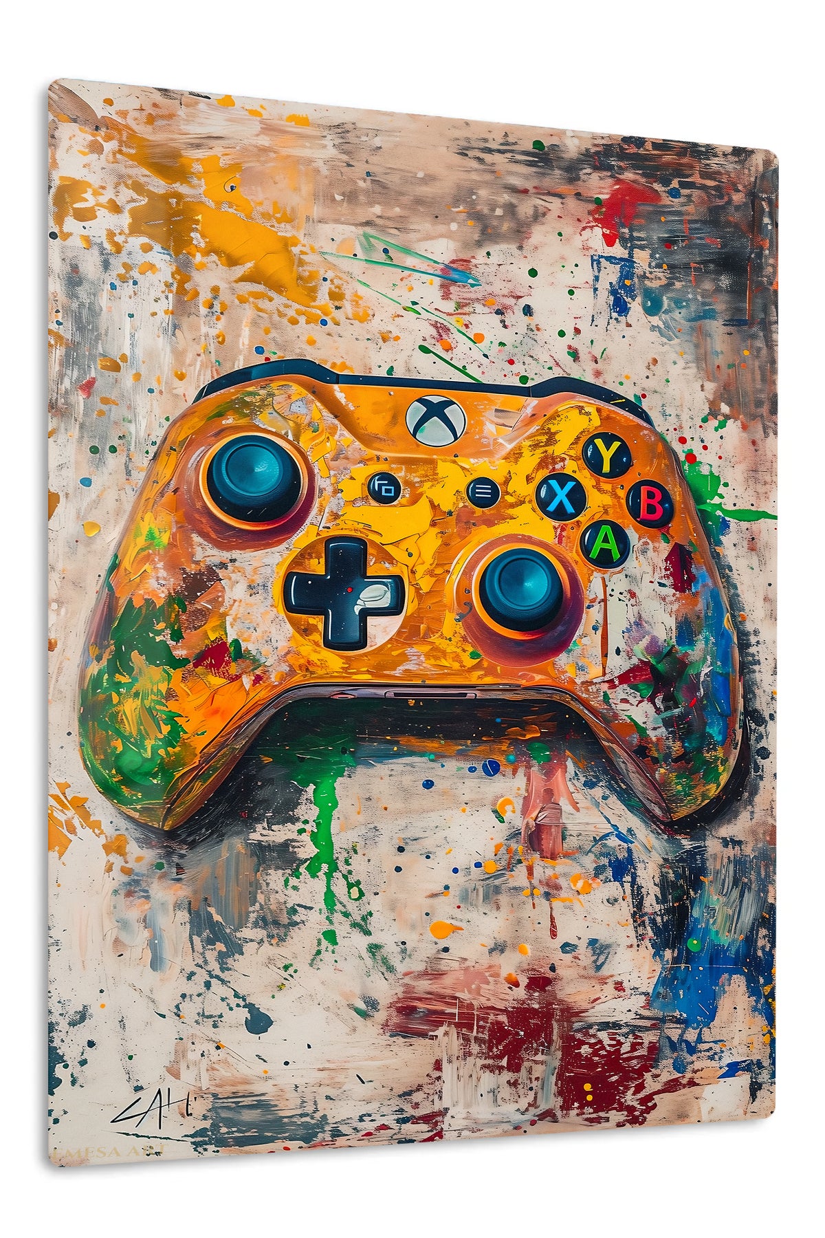 Orange Gaming Controller Splash premium metal wall art – front view