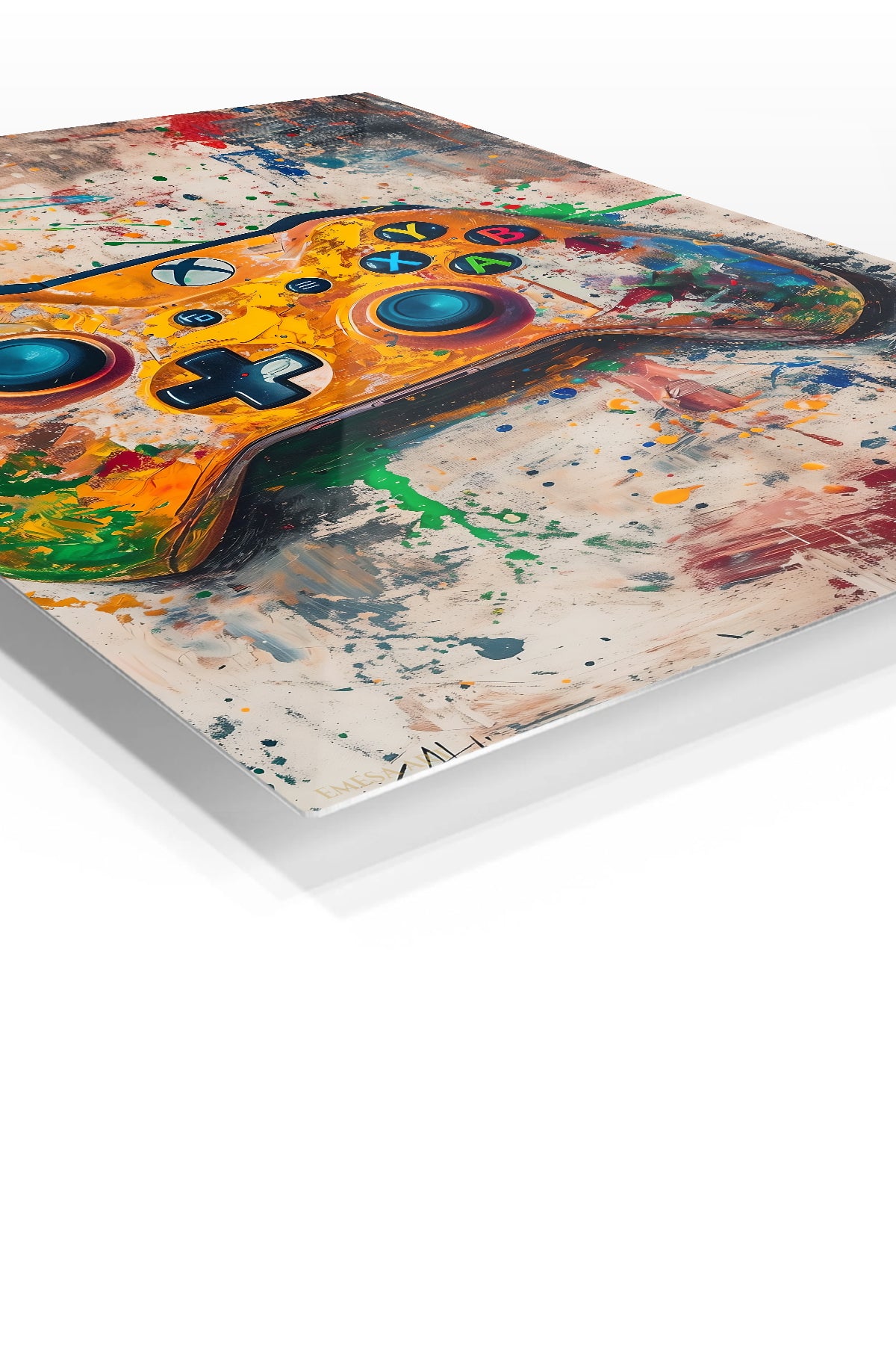 Orange Gaming Controller Splash premium metal wall art – angled view
