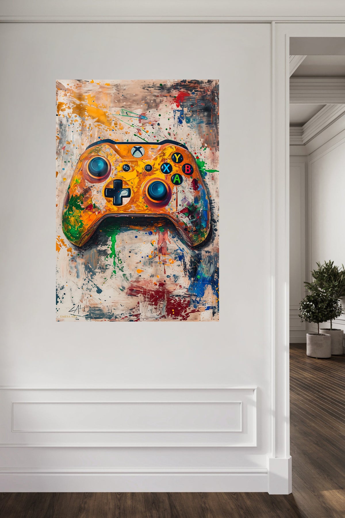 Orange Gaming Controller Splash metal wall art displayed in a contemporary living space