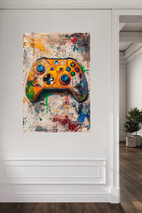 Orange Gaming Controller Splash metal wall art displayed in a contemporary living space
