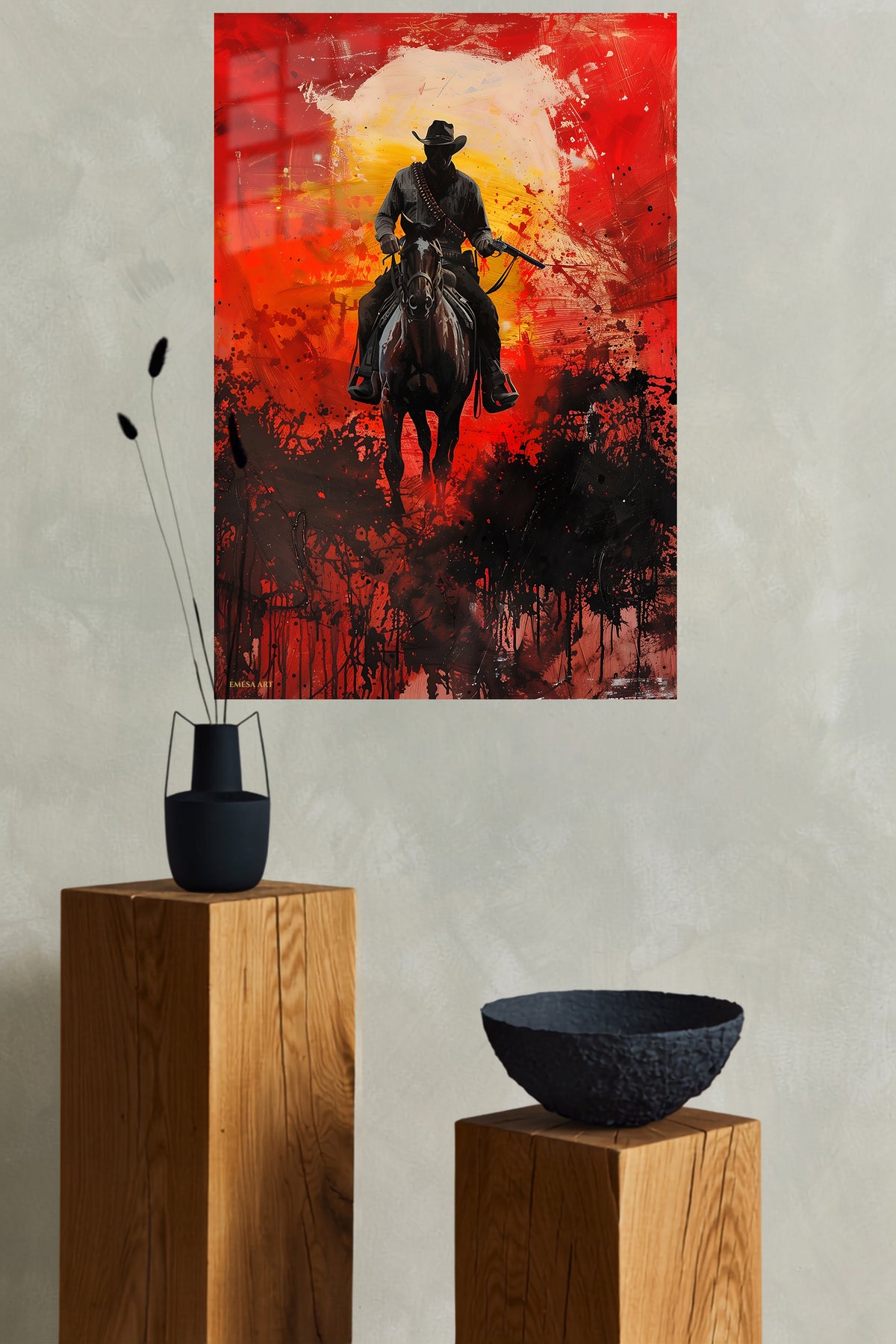 Sunset Outlaw Rider metal wall art displayed in a modern interior