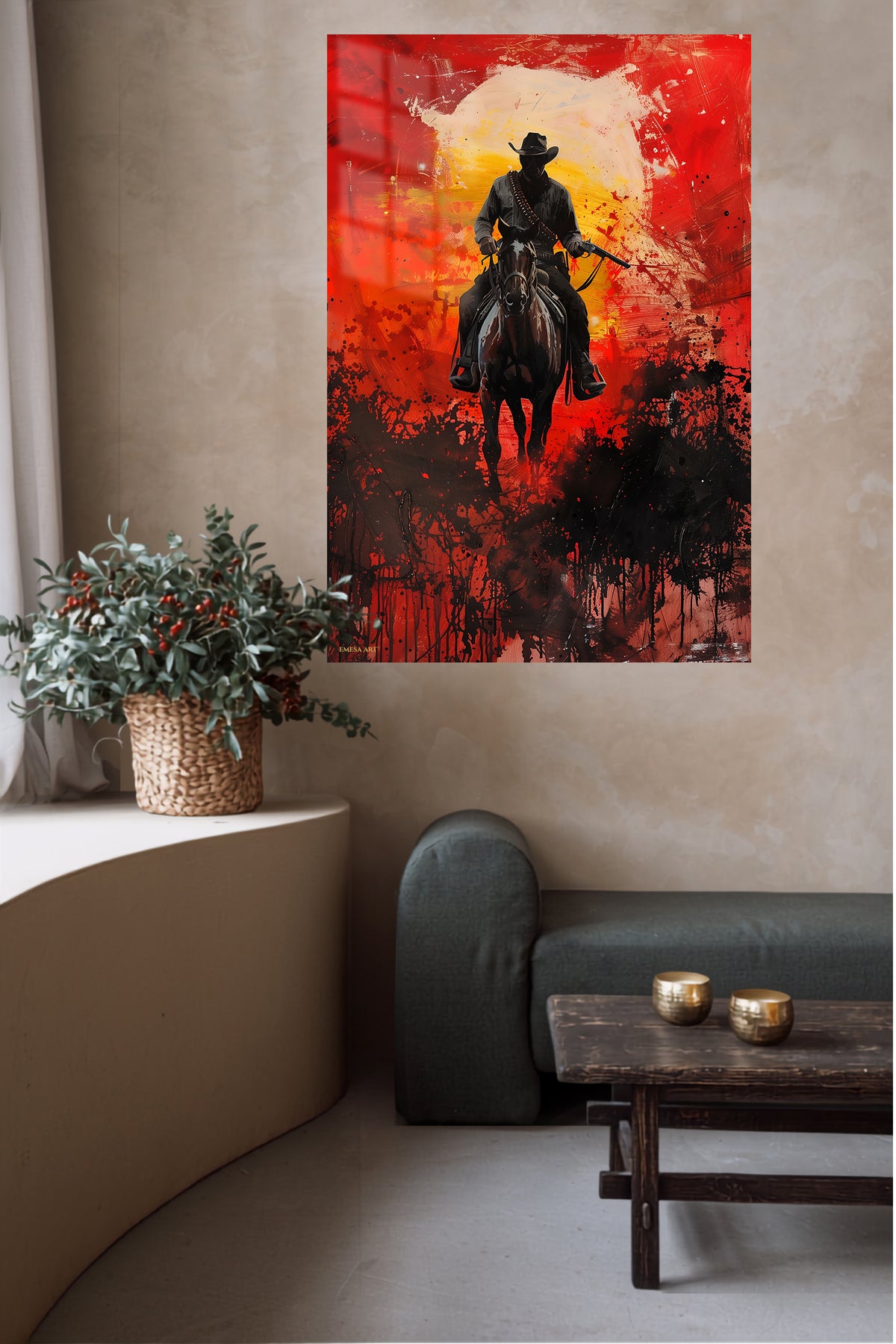 Sunset Outlaw Rider metal wall art displayed in a contemporary living space