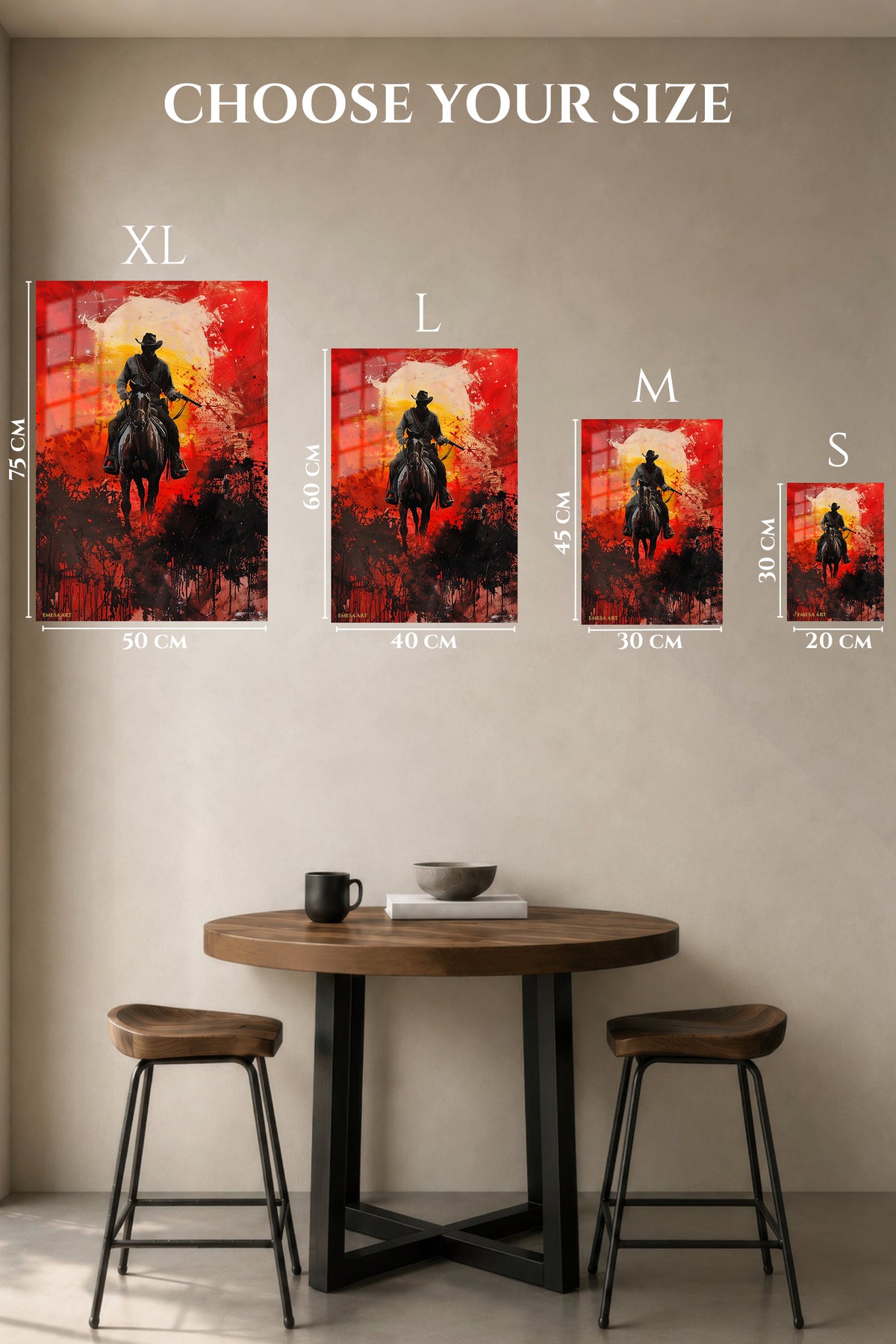EMESA metal wall art size comparison guide for Sunset Outlaw Rider