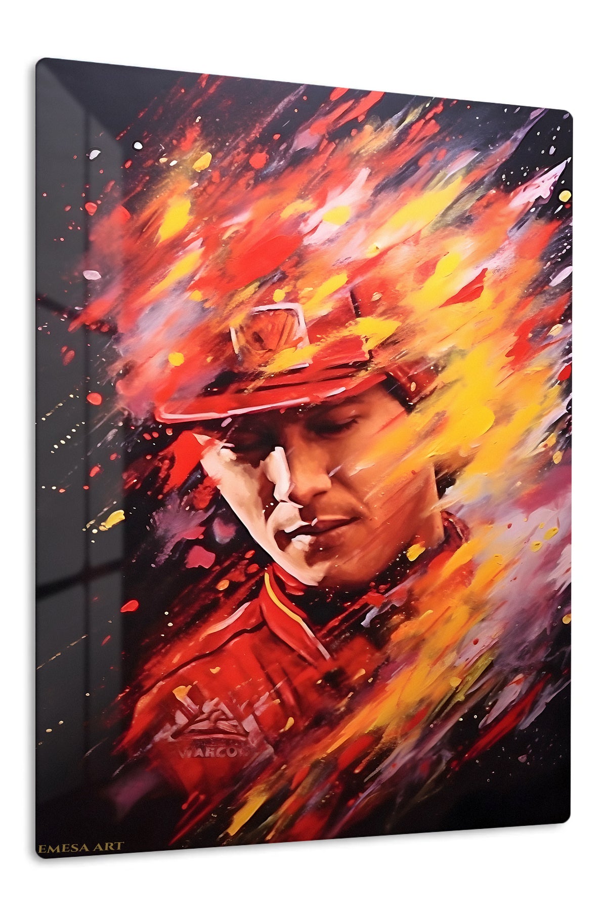 Fiery Baseball Player Portrait premium metal wall art – front view