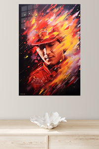 Fiery Baseball Player Portrait metal wall art displayed in a modern interior
