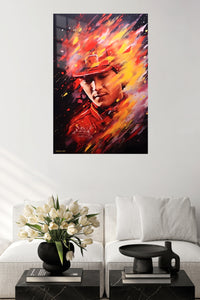 Fiery Baseball Player Portrait metal wall art displayed in a contemporary living space