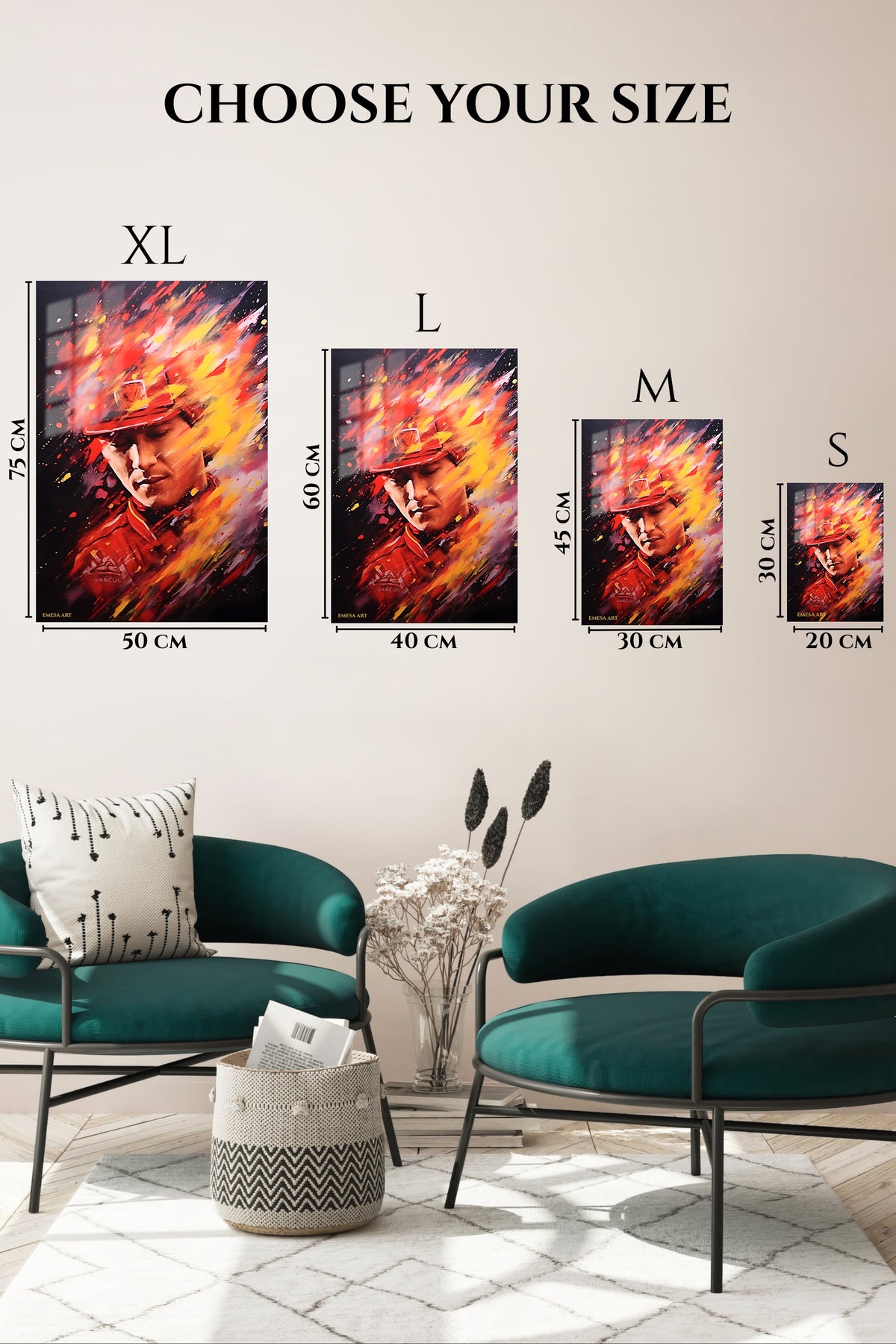 EMESA metal wall art size comparison guide for Fiery Baseball Player Portrait