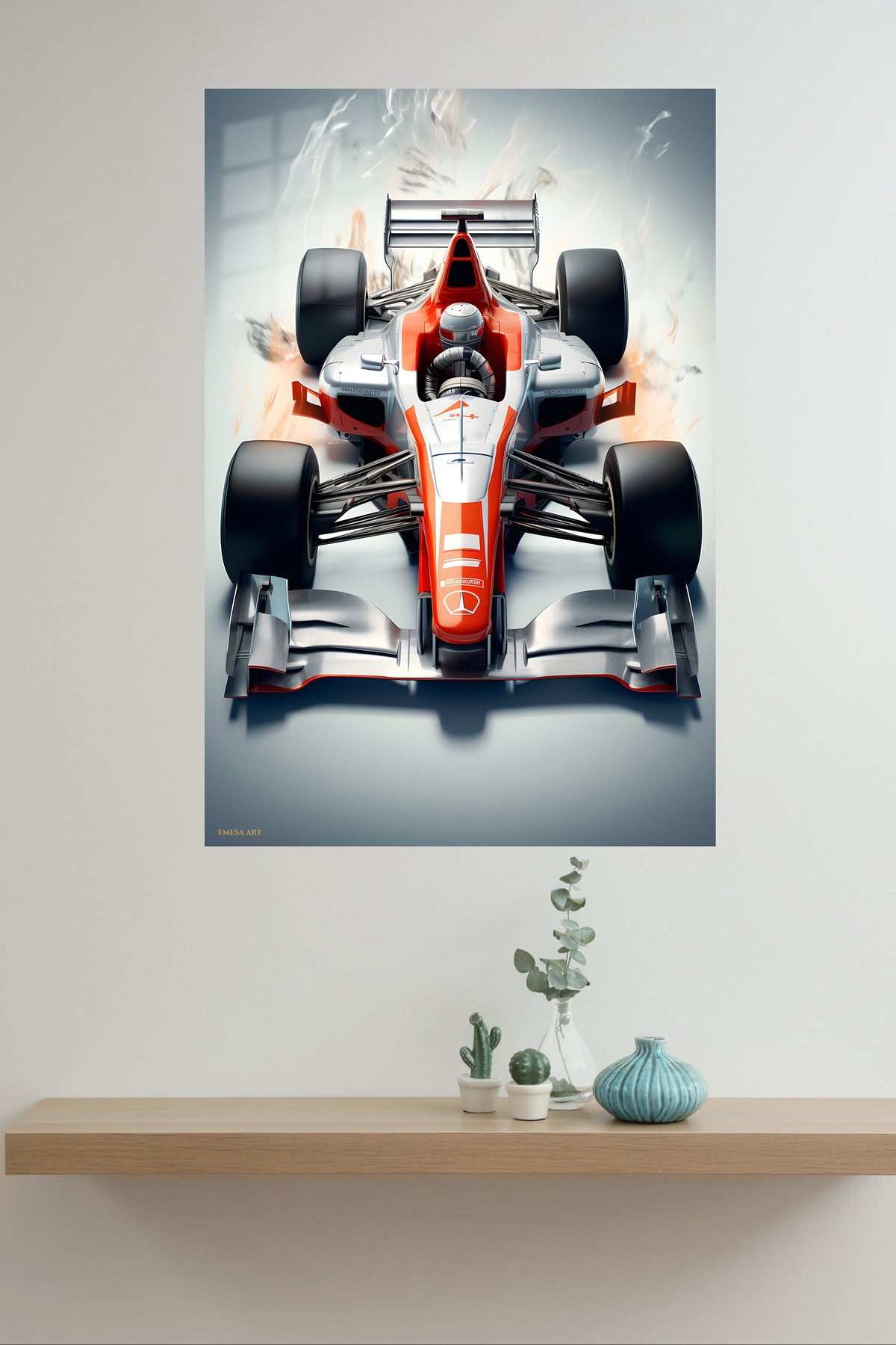 Red and Silver Formula Race Car metal wall art displayed in a modern interior