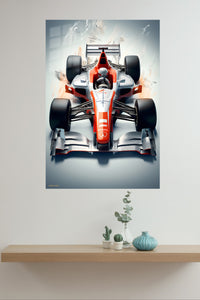 Red and Silver Formula Race Car metal wall art displayed in a modern interior
