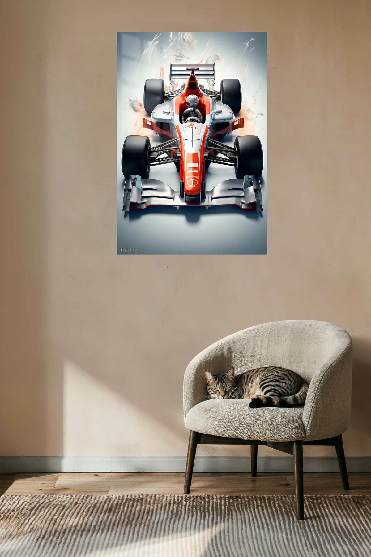 Red and Silver Formula Race Car metal wall art displayed in a contemporary living space