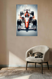 Red and Silver Formula Race Car metal wall art displayed in a contemporary living space