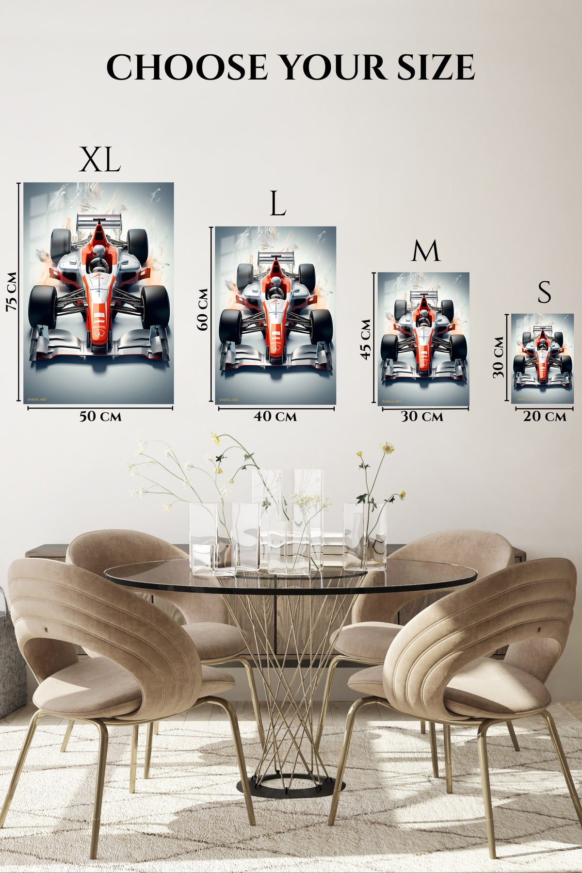 EMESA metal wall art size comparison guide for Red and Silver Formula Race Car