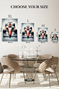 EMESA metal wall art size comparison guide for Red and Silver Formula Race Car