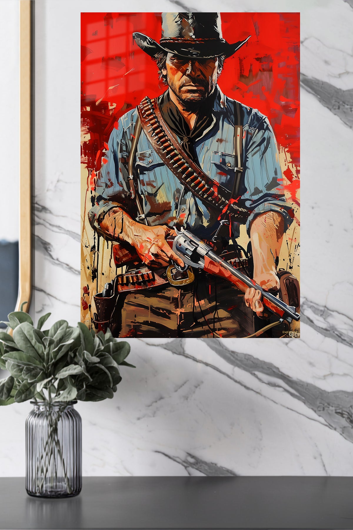 Red Frontier Gunslinger metal wall art displayed in a modern interior