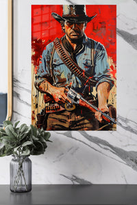 Red Frontier Gunslinger metal wall art displayed in a modern interior