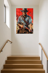 Red Frontier Gunslinger metal wall art displayed in a contemporary living space