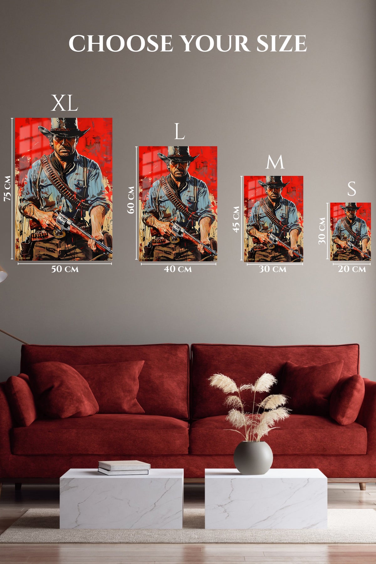 EMESA metal wall art size comparison guide for Red Frontier Gunslinger