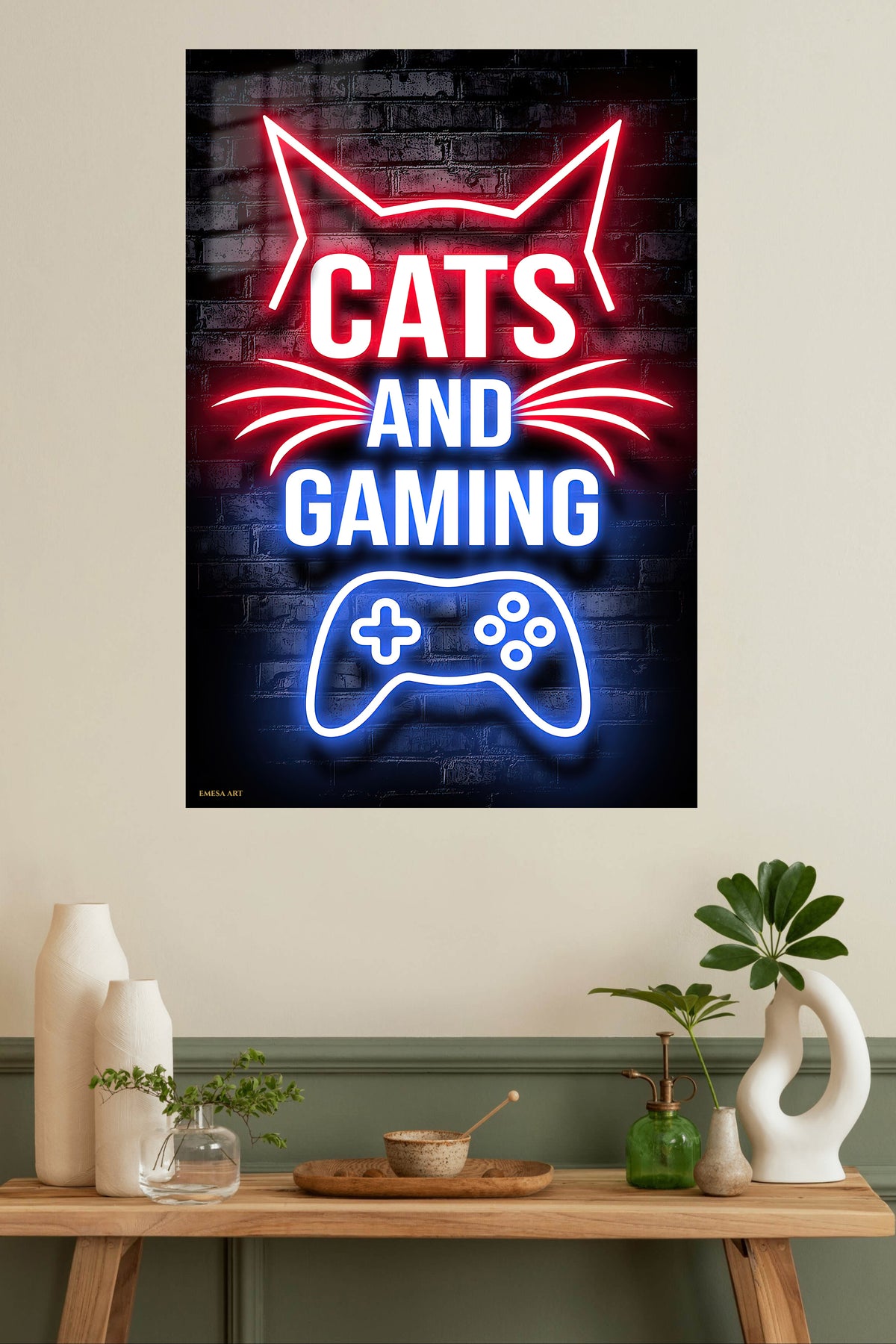 Cats and Gaming Neon Sign metal wall art displayed in a modern interior