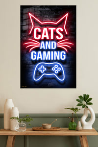 Cats and Gaming Neon Sign metal wall art displayed in a modern interior