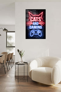Cats and Gaming Neon Sign metal wall art displayed in a contemporary living space