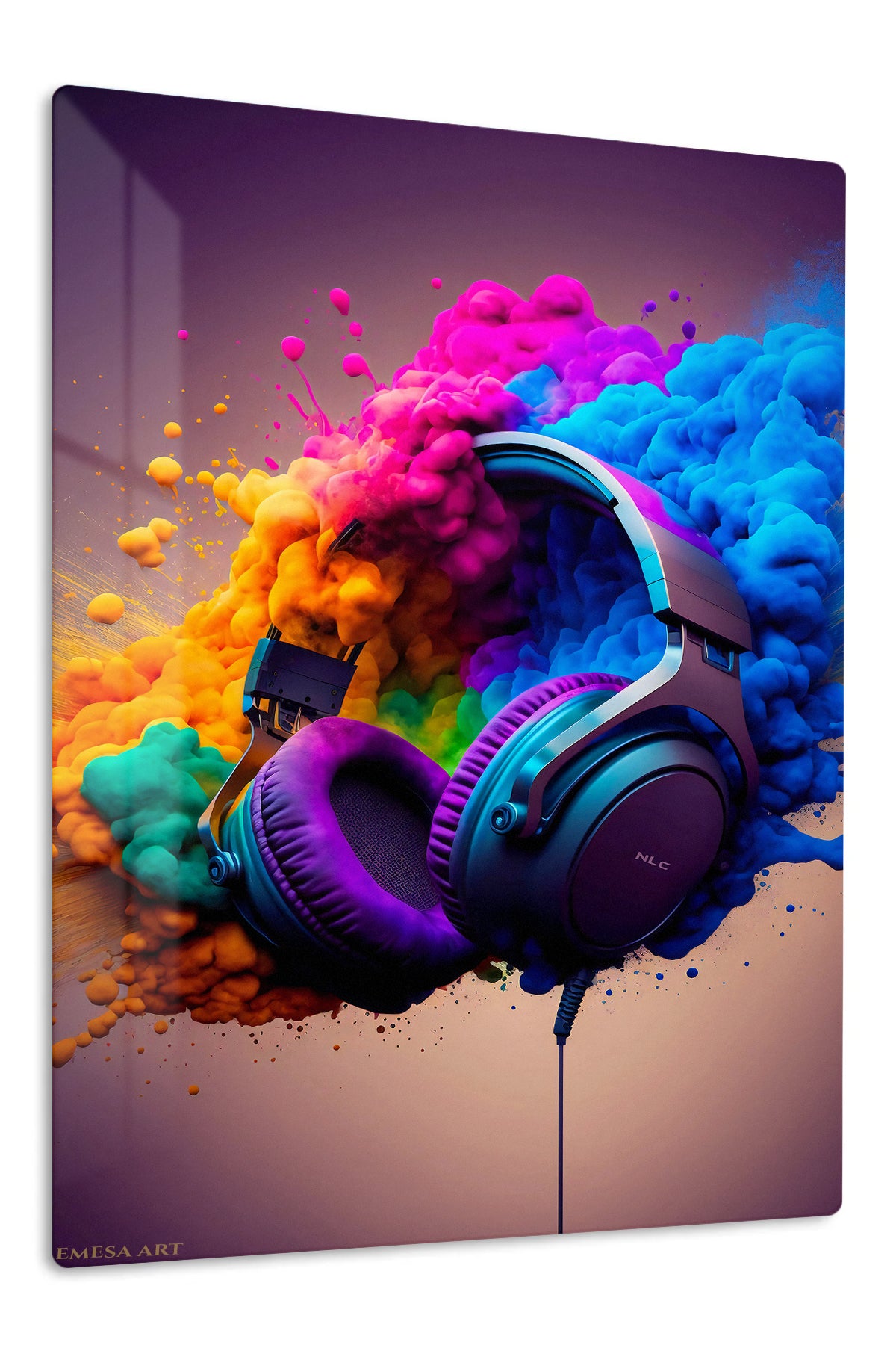 Headphones in a Color Cloud premium metal wall art – front view
