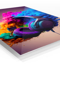 Headphones in a Color Cloud premium metal wall art – angled view