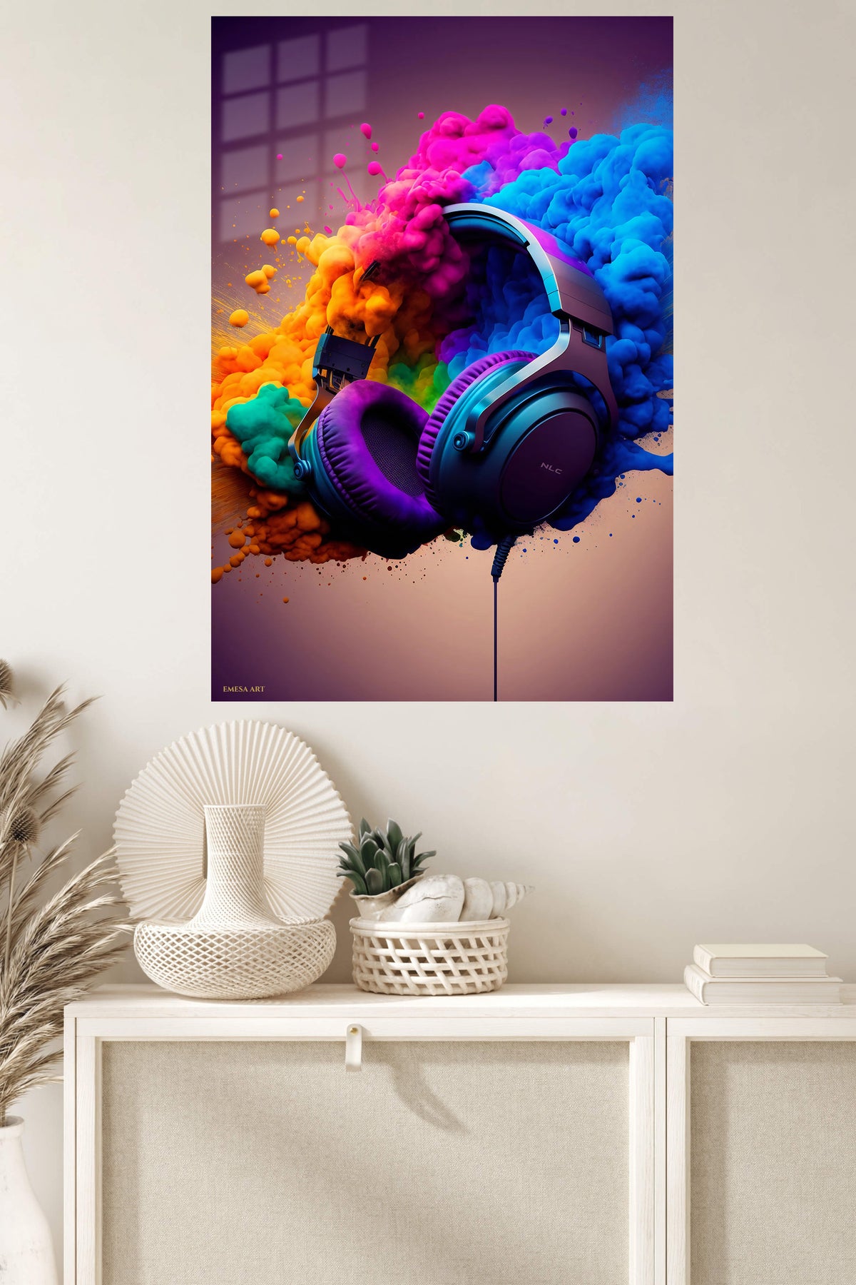 Headphones in a Color Cloud metal wall art displayed in a modern interior