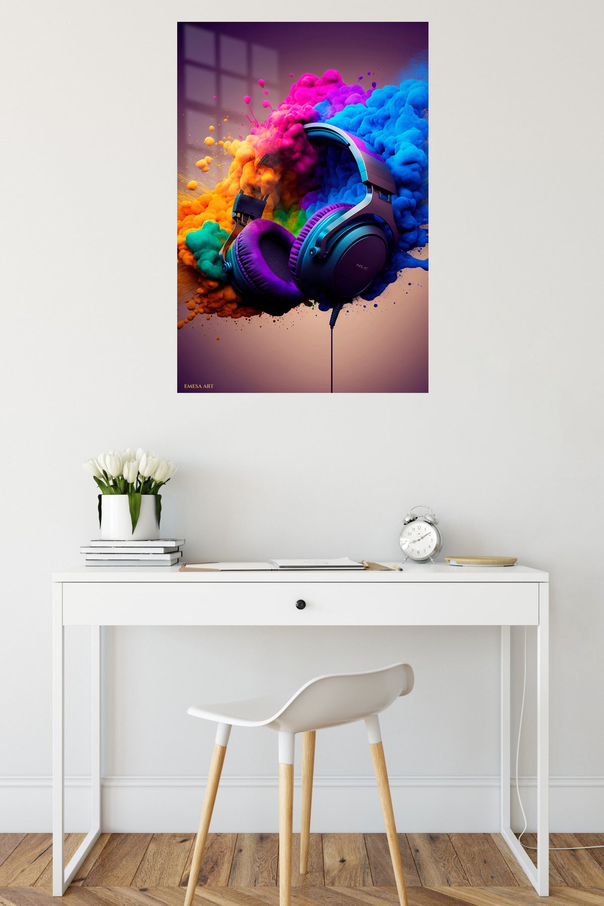 Headphones in a Color Cloud metal wall art displayed in a contemporary living space