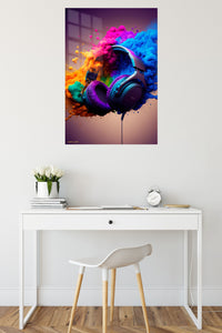 Headphones in a Color Cloud metal wall art displayed in a contemporary living space