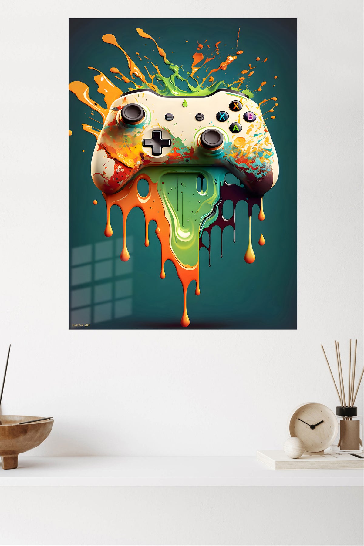 Color Splash Game Controller metal wall art displayed in a modern interior