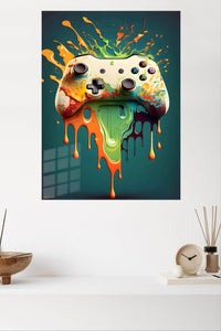 Color Splash Game Controller metal wall art displayed in a modern interior