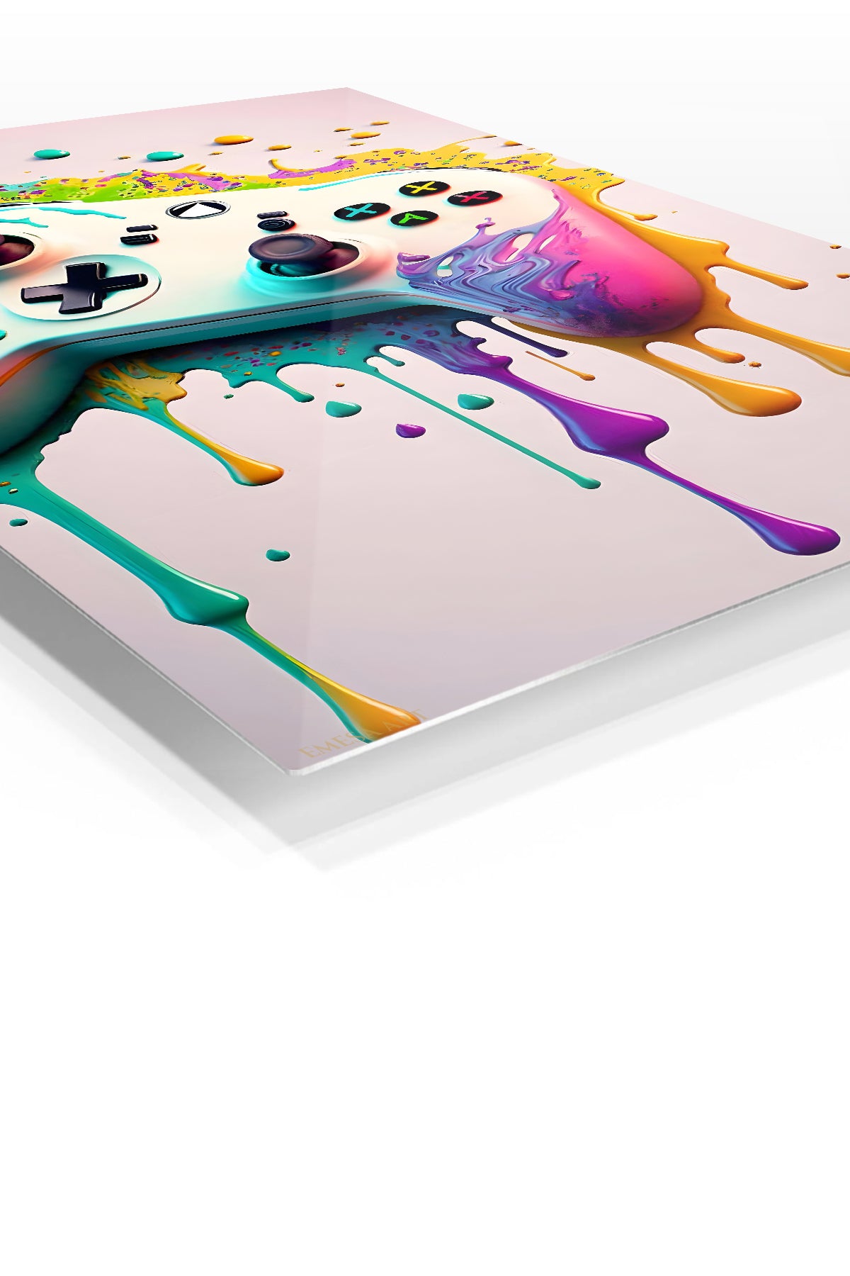 Color Splash Game Controller premium metal wall art – angled view