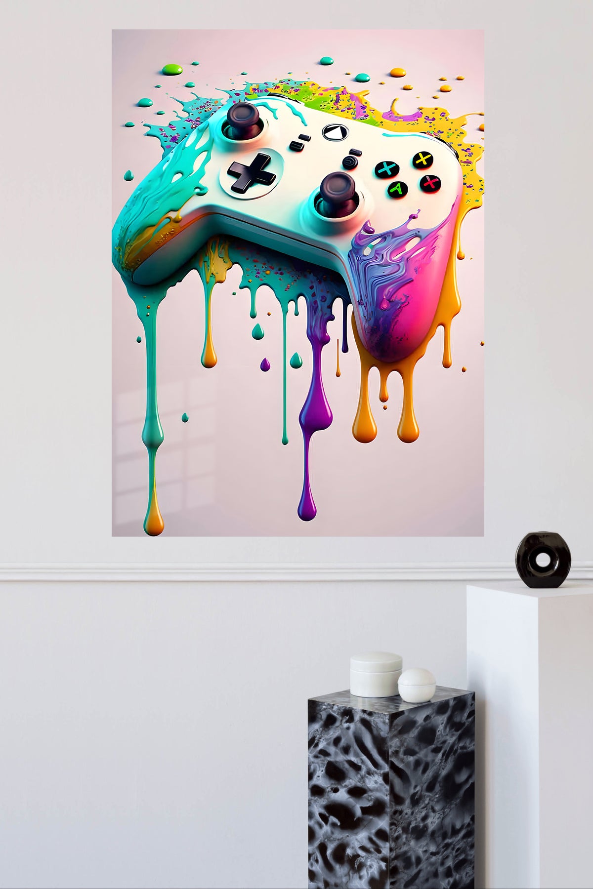 Color Splash Game Controller metal wall art displayed in a modern interior