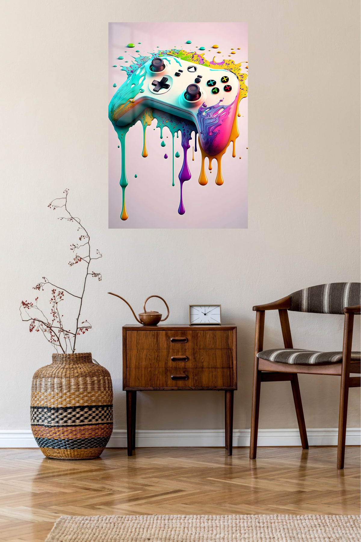 Color Splash Game Controller metal wall art displayed in a contemporary living space