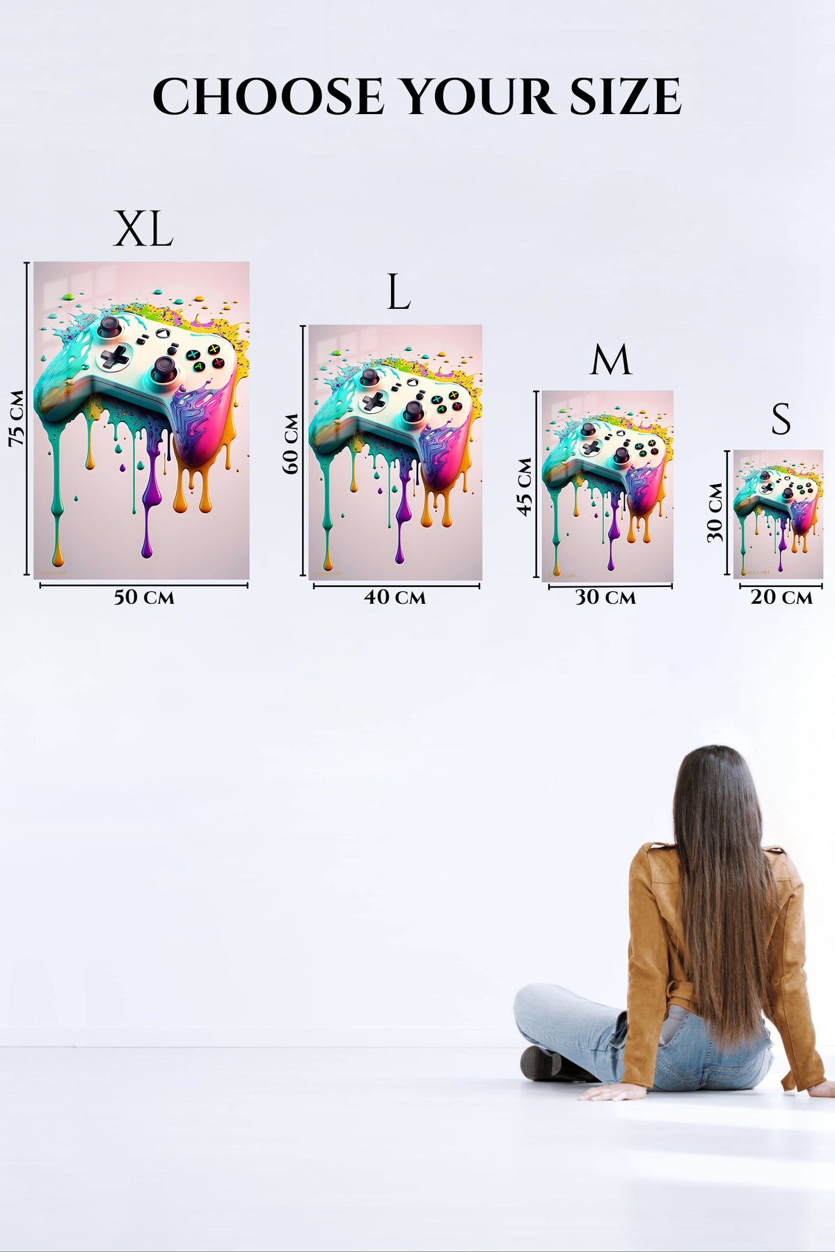 EMESA metal wall art size comparison guide for Color Splash Game Controller