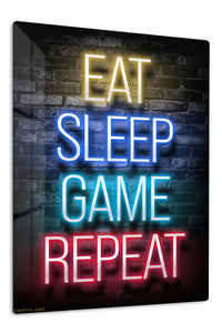 Eat Sleep Game Repeat Neon Sign premium metal wall art – front view