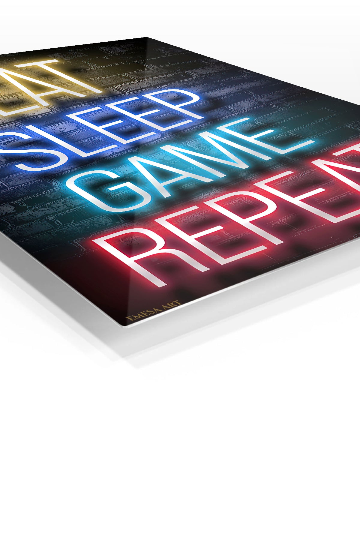 Eat Sleep Game Repeat Neon Sign premium metal wall art – angled view