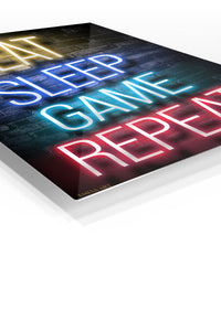 Eat Sleep Game Repeat Neon Sign premium metal wall art – angled view