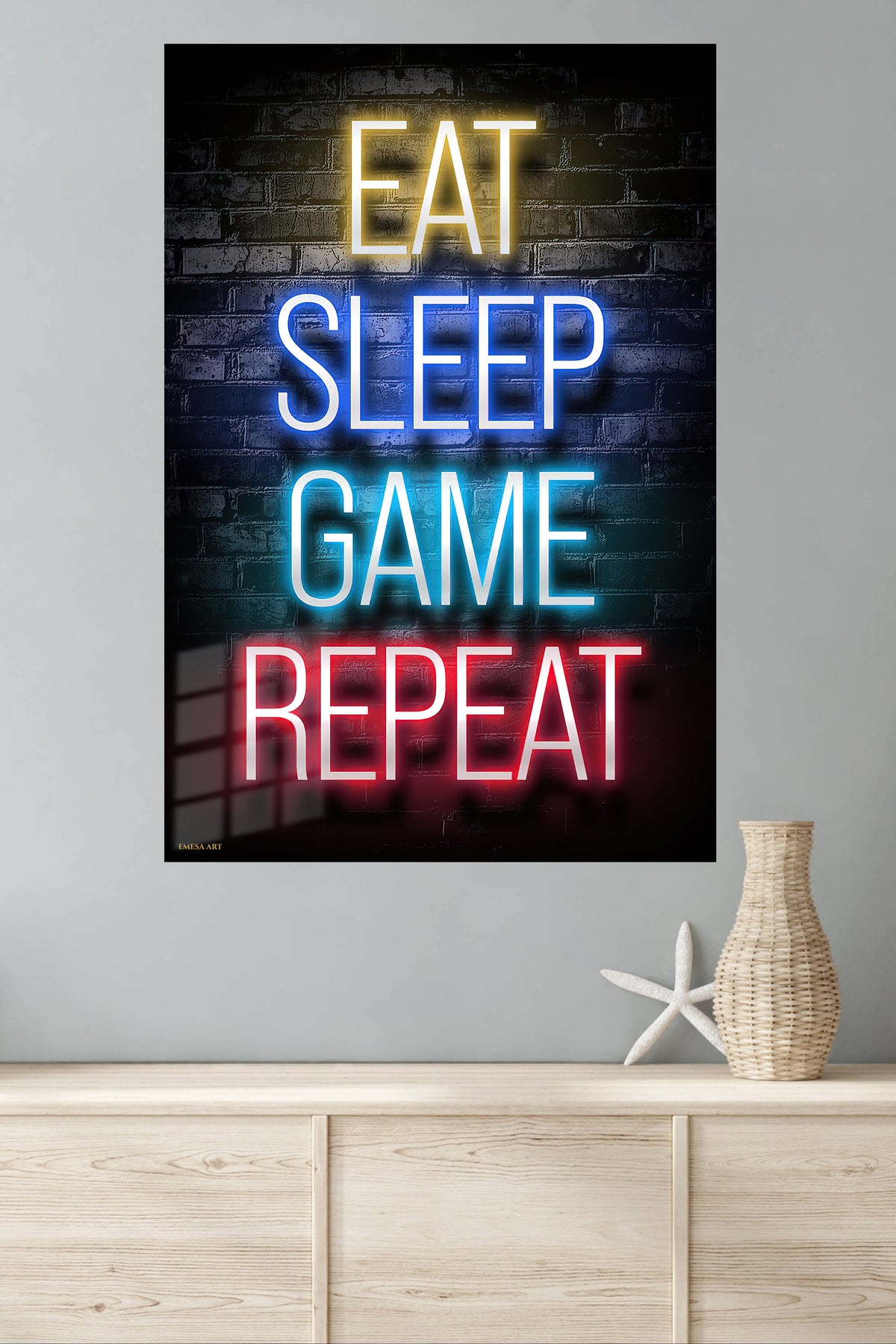 Eat Sleep Game Repeat Neon Sign metal wall art displayed in a modern interior
