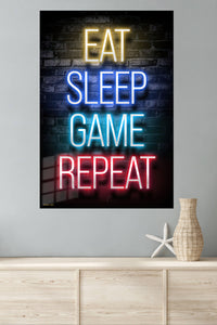 Eat Sleep Game Repeat Neon Sign metal wall art displayed in a modern interior