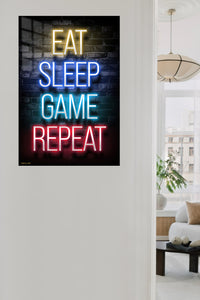 Eat Sleep Game Repeat Neon Sign metal wall art displayed in a contemporary living space