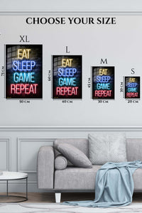 EMESA metal wall art size comparison guide for Eat Sleep Game Repeat Neon Sign