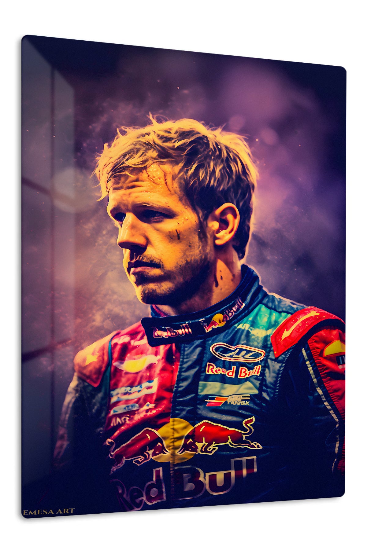 Dramatic Motorsport Driver Portrait premium metal wall art – front view