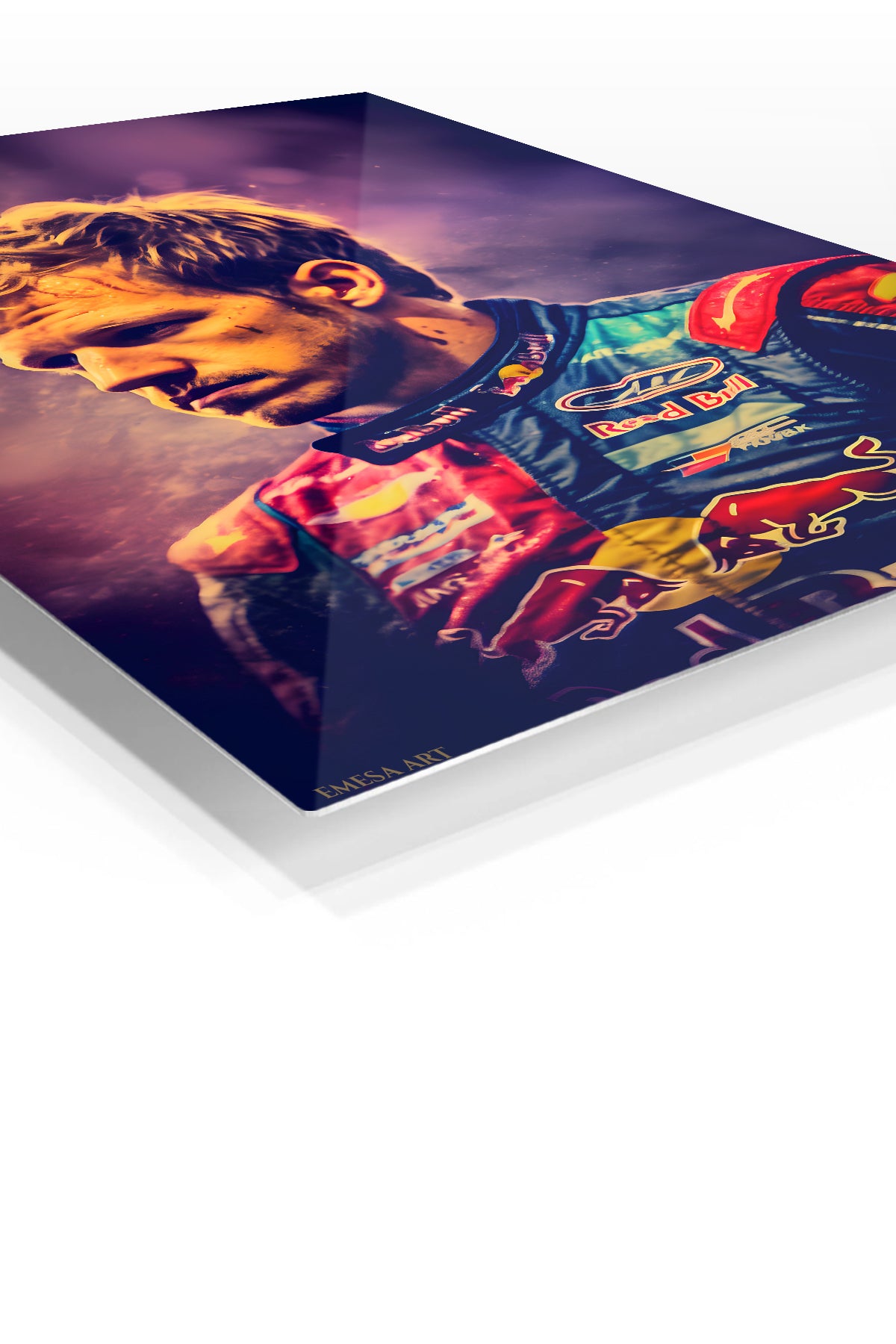 Dramatic Motorsport Driver Portrait premium metal wall art – angled view