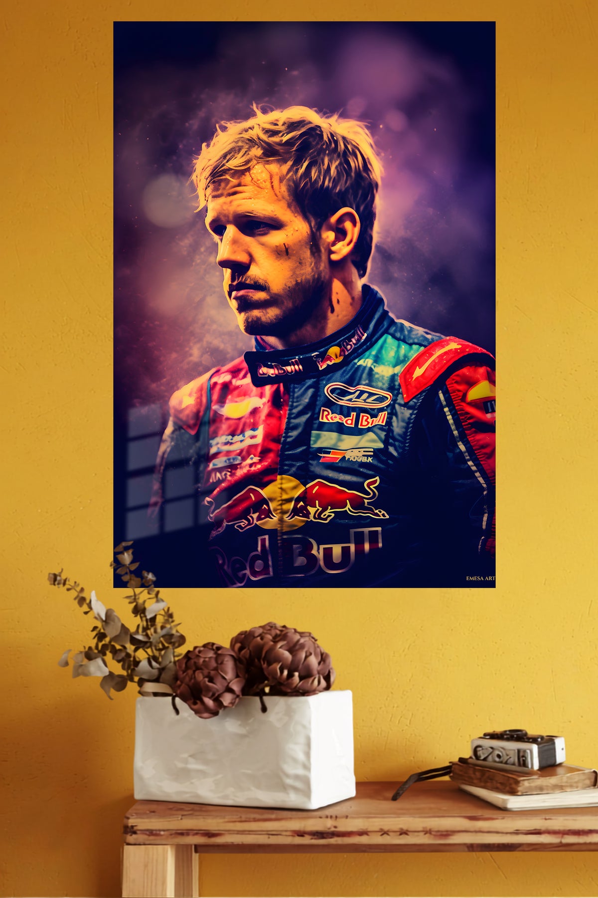 Dramatic Motorsport Driver Portrait metal wall art displayed in a modern interior