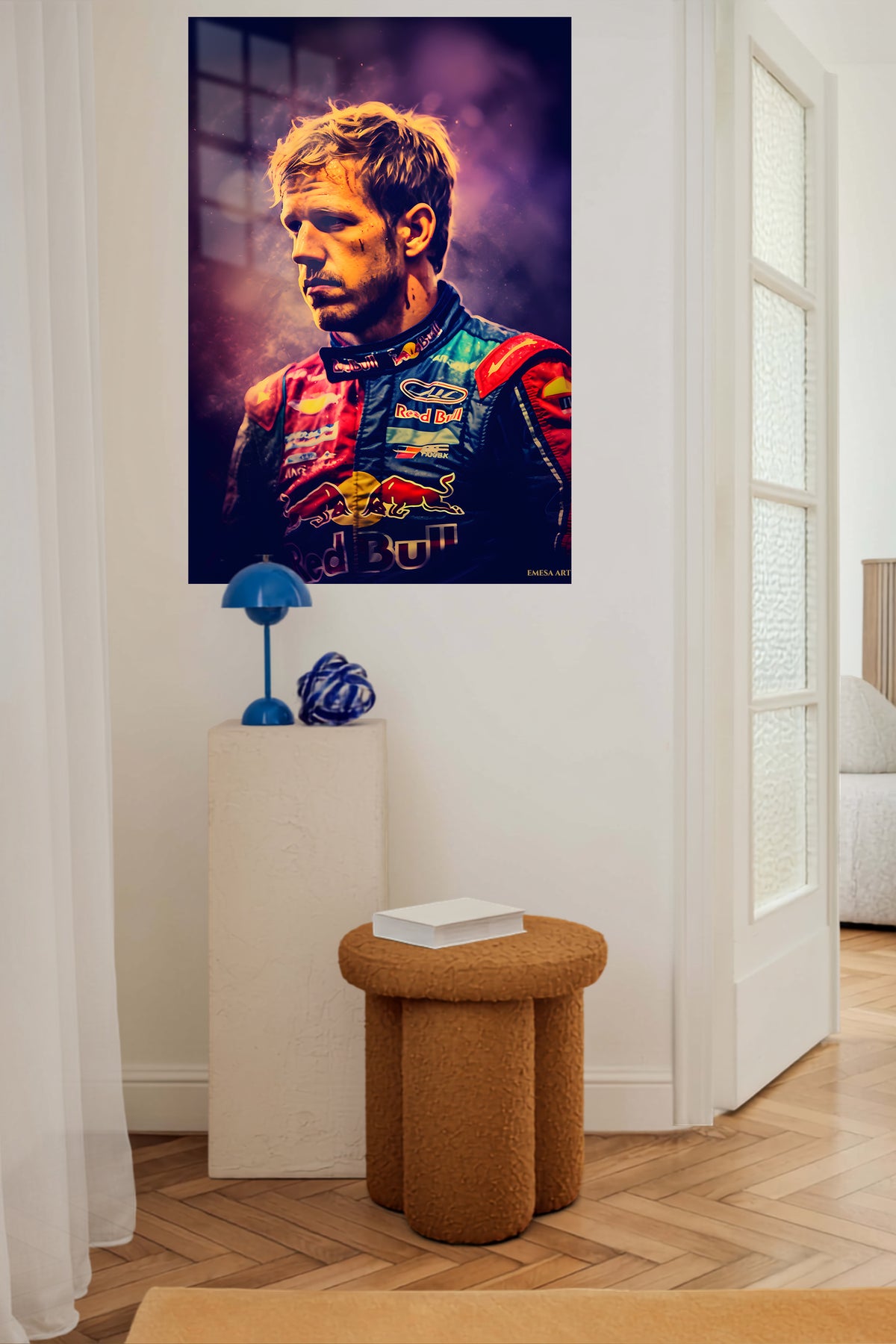 Dramatic Motorsport Driver Portrait metal wall art displayed in a contemporary living space