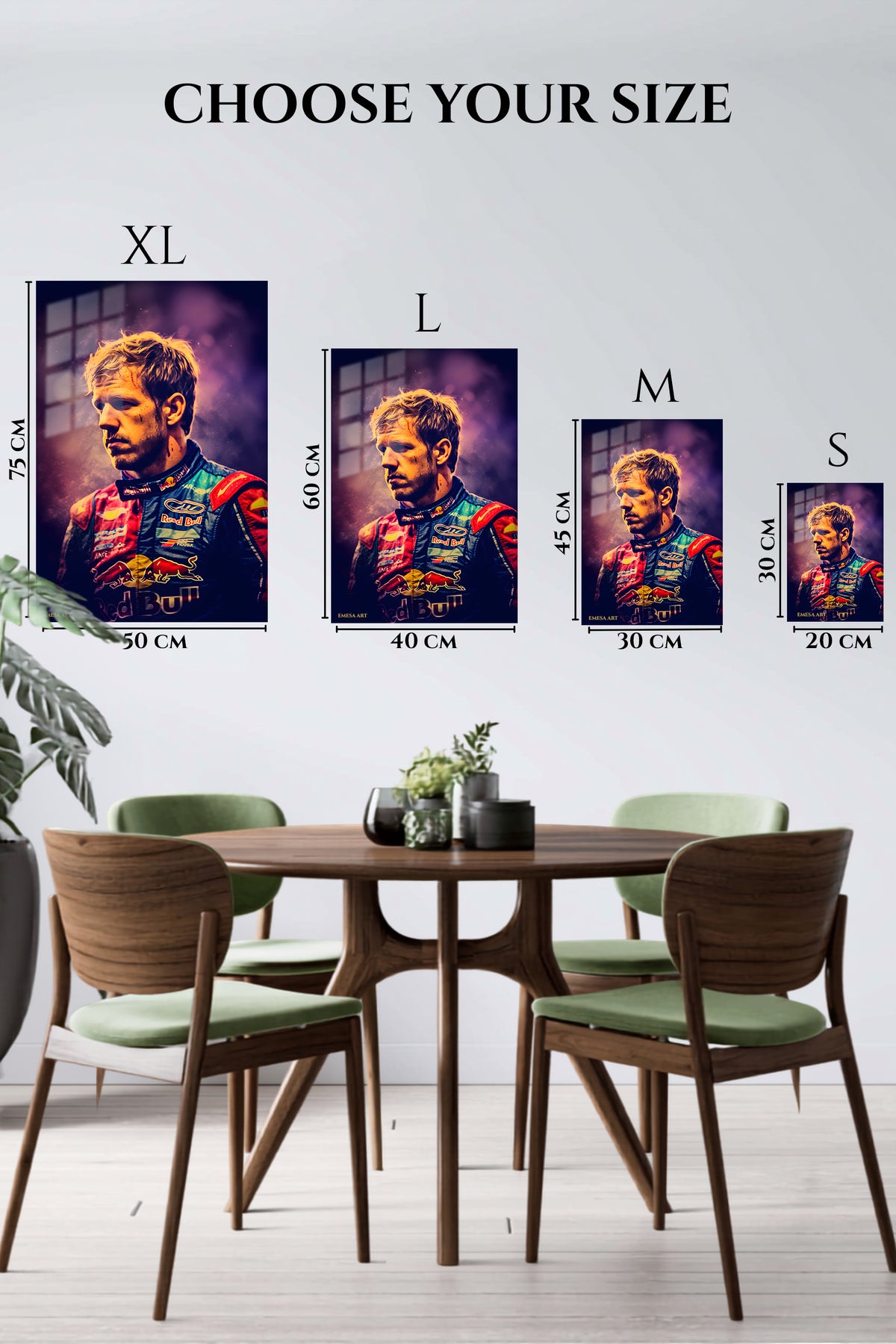 EMESA metal wall art size comparison guide for Dramatic Motorsport Driver Portrait