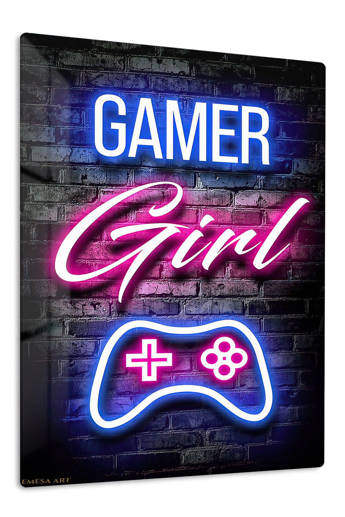 Gamer Girl Neon Controller premium metal wall art – front view