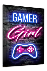 Gamer Girl Neon Controller premium metal wall art – front view